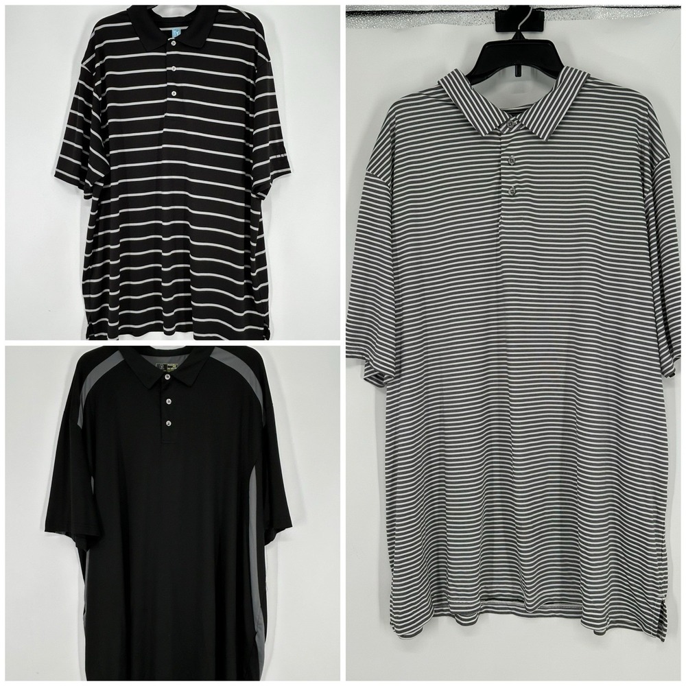 Lot Of 3 PGA Tour Polo Shirt Mens 3XL Black Stripe Short Sleeve Golf Performance